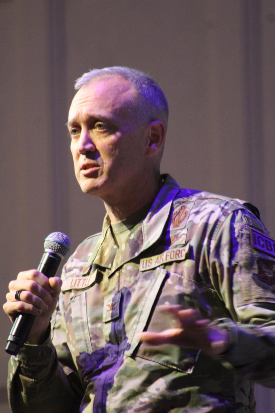 Coronel Barry Little, Commander of the 341st Missile Wing at Malmstrom AFB speaks to the audience at the Davidson Family Auditorium.