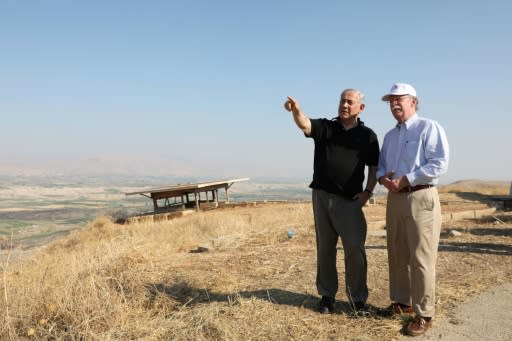 Israeli Prime Minister Benjamin Netanyahu and then US national security adviser John Bolton visit an old army outpost overlooking the Jordan Valley in June