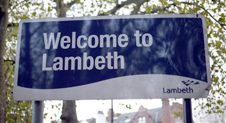 A welcome sign is seen in the London Borough of Lambeth, in south London November 22, 2013. Three women enslaved for 30 years have been rescued from a house in London including one who has spent her entire life in domestic servitude, police said on Thursday. Police attended an address in Lambeth, the Metropolitan Police said in a statement. REUTERS/Dylan Martinez