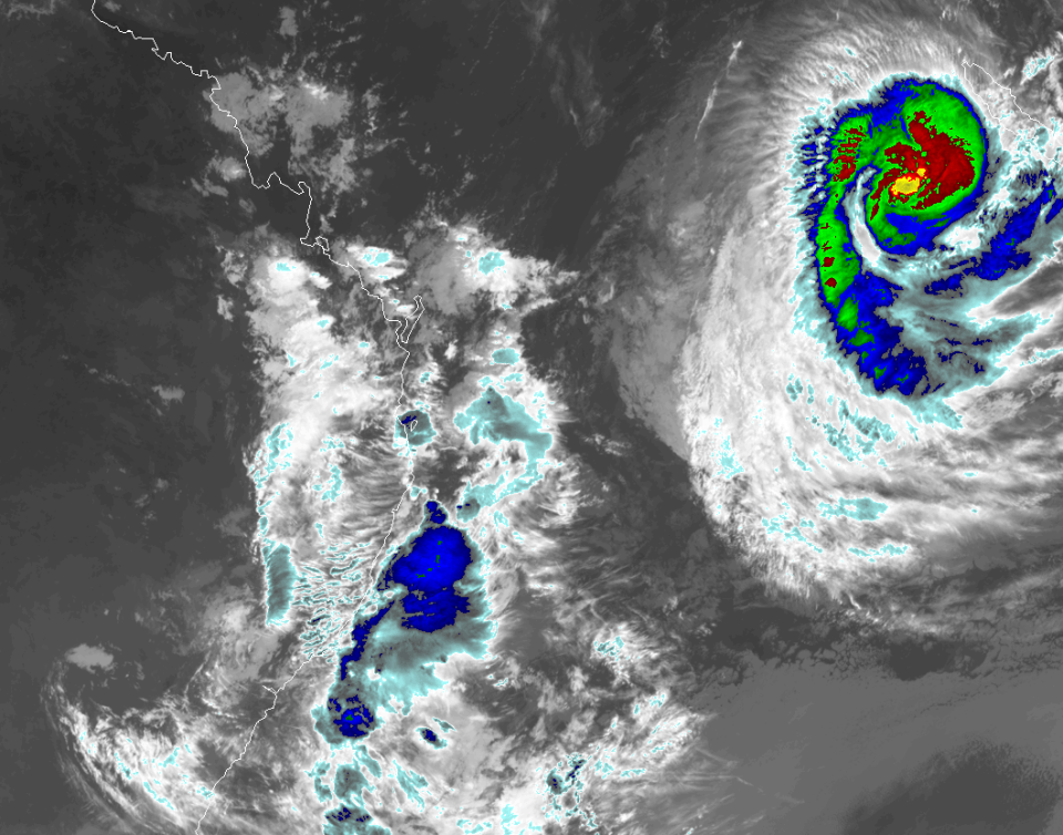 Satellite images show tropical cyclone Uesi heading southwest toward Australia's east coast. Source: RAMMB