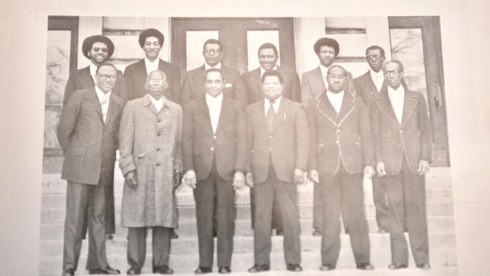 Deacons pose for a picture in a  1970's Mt. Vernon Baptist Church souvenir book.