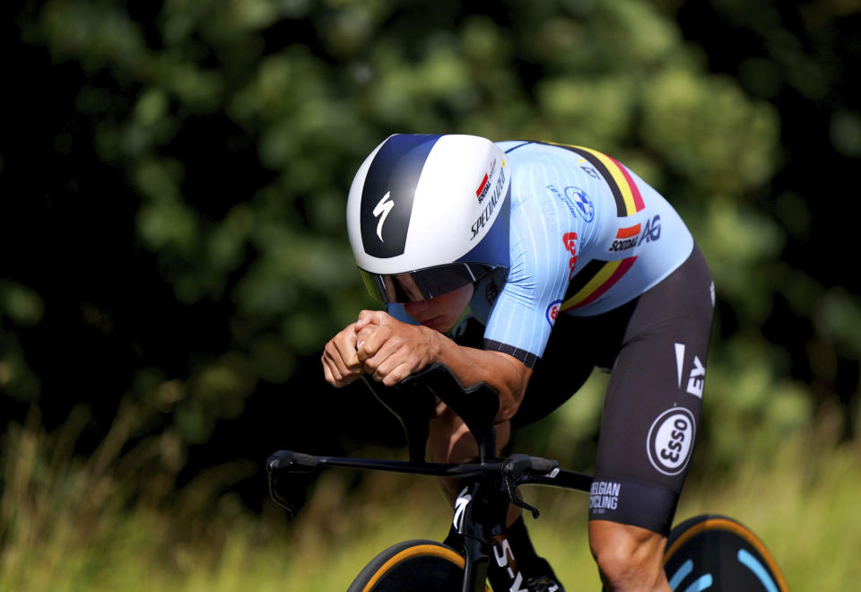 Belgium's Remco Evenepoel in the Men's Elite Individual Road Time Trial on day nine of the 2023 UCI Cycling World Championships in Stirling, Scotland, Friday Aug. 11, 2023. (Tim Goode/PA via AP)