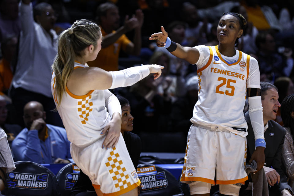 Tennessee guard Jordan Horston (25) and forward Karoline Striplin (11) react to a shot in the second half of a second-round college basketball game against Toledo in the NCAA Tournament, Monday, March 20, 2023, in Knoxville, Tenn. (AP Photo/Wade Payne)