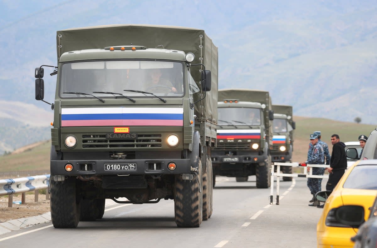 Russian peacekeepers have left Nagorno-Karabakh region through an Armenian checkpoint near Kornidzor (REUTERS)