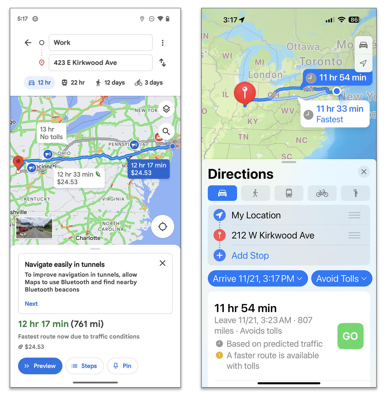 Tanto Mapas de Google, izquierda, como Mapas de Apple te mostrarán rutas alternas a tu destino. (Google; Apple vía The New York Times)

