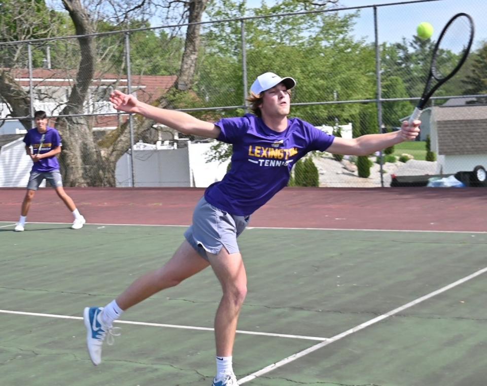 Lexington's Jake Chicote and Ethan Remy competed in the first doubles competion during the district semifinal match with Ontario on Monday.