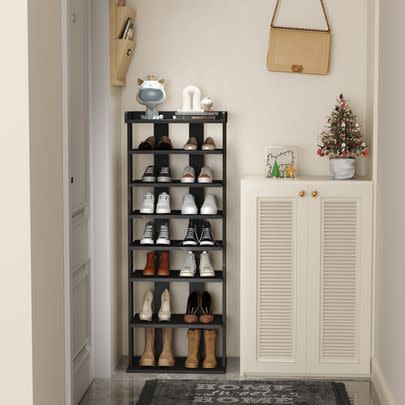A handy seven-tier shoe rack with room for 14 pairs of shoes