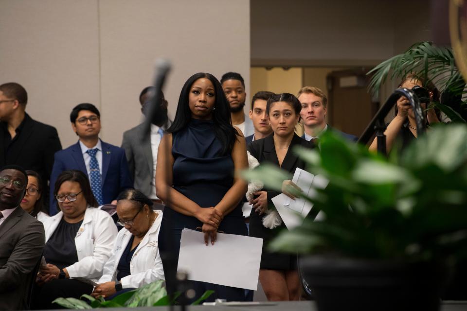 Other seniors listen as Mycah Pumphrey tells her story and announces where she will be attending residency during the annual School of Medicine Match Day at Meharry Medical College in Nashville, Tenn., Friday, March 15, 2024.