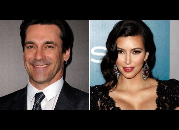 "Mad Men" star Jon Hamm recently made some unflattering <a href="http://www.huffingtonpost.com/2012/03/09/jon-hamm-slams-kim-kardashian-idiot-culture_n_1335411.html" target="_hplink">comments to <em>Elle UK</em> </a>about celebrity culture, putting reality TV queen Kim Kardashian in his crosshairs.   "Whether it's Paris Hilton or Kim Kardashian or whoever, stupidity is certainly celebrated. Being a f**king idiot is a valuable commodity in this culture because you're rewarded significantly," he told the magazine.   Kim responded on Twitter, <a href="http://www.huffingtonpost.com/2012/03/12/kim-kardashian-responds-jon-hamm-stupid_n_1339923.html?ref=the-kardashians" target="_hplink">writing</a>:   "I just heard about the comment Jon Hamm made about me in an interview. I respect Jon and I am a firm believer that everyone is entitled to their own opinion and that not everyone takes the same path in life. We're all working hard and we all have to respect one another. Calling someone who runs their own businesses, is a part of a successful TV show, produces, writes, designs, and creates, 'stupid,' is in my opinion careless."  When asked about his comments, <a href="http://www.eonline.com/news/jon_hamm_kim_kardashian_slam_not/301003#ixzz1p6Yz2tbE" target="_hplink">Hamm told E! News</a>, "It's surprising to me that this has become remotely a story. I don't know Ms. Kardashian. I know her public persona. What I said was meant to be more on pervasiveness of something in culture, not personal, but she took offense to it and that is her right." 