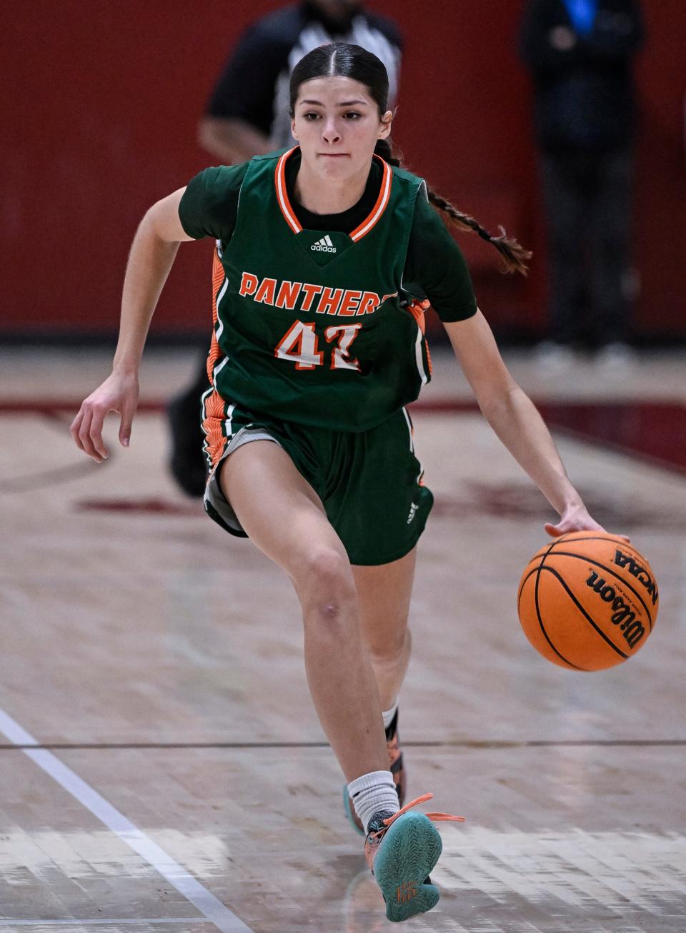 Porterville's Ryleigh Schoonover plays against Mt. Whitney in an East Yosemite League high school girls basketball game Tuesday, January 9, 2024.