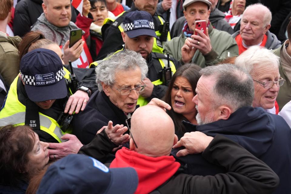 Piers Corbyn talking to people during a St George's Day rally on Whitehall (Jordan Pettitt/PA Wire)