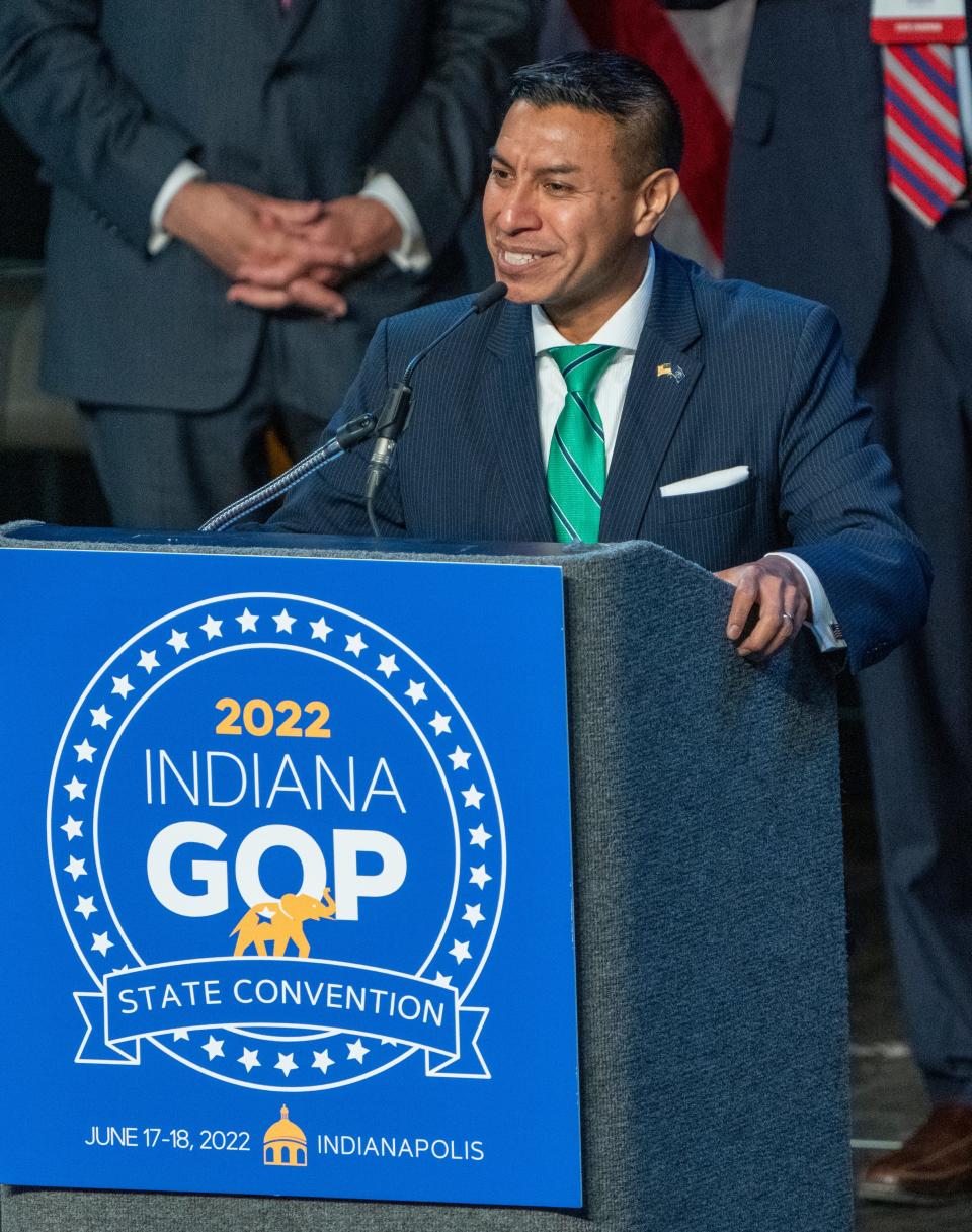 Diego Morales, the GOP pick for Indiana’s Secretary of State, state GOP Convention, Indiana Farmer’s Coliseum, Indianapolis, Saturday, June 18, 2022. 