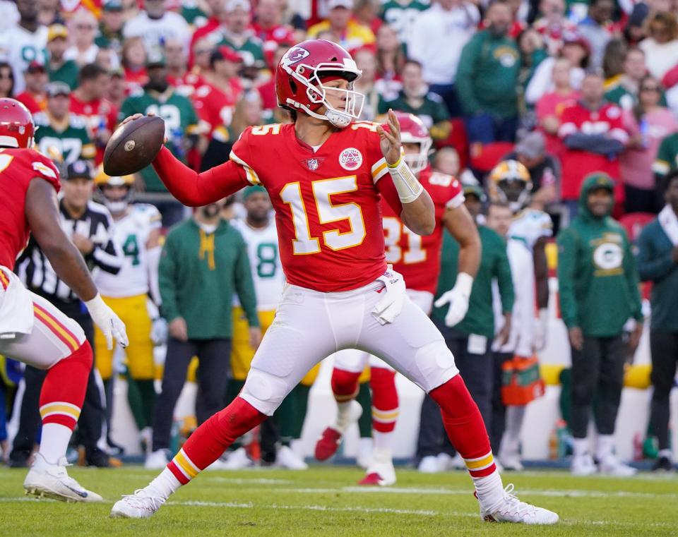 Kansas City Chiefs quarterback Patrick Mahomes throws a pass against the Green Bay Packers.