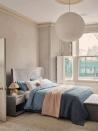 <p>There are very few colours to avoid when decorating with greige – just exercise caution with citrus colours, as they can often highlight any yellowish undertones in your greige paint. The mix here of cooling blue and warming pink works beautifully. </p><p>Pictured: <a href="https://www.dreams.co.uk/neva-velvet-finish-ottoman-bed-frame/p/251-00790/" rel="nofollow noopener" target="_blank" data-ylk="slk:House Beautiful Neva Bed at Dreams;elm:context_link;itc:0;sec:content-canvas" class="link ">House Beautiful Neva Bed at Dreams</a></p>