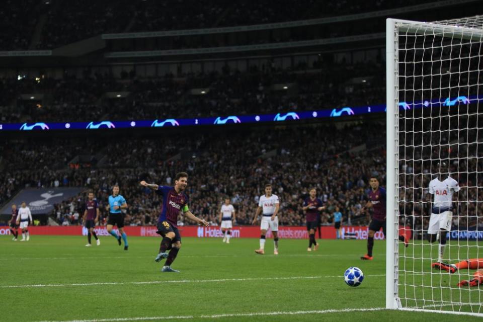 Lionel Messi goes in Barcelona’s fourth goal during their crushing win against Tottenham at Wembley.