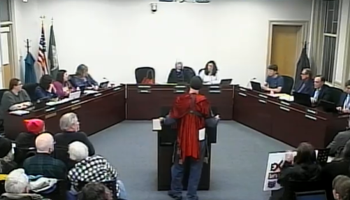Michael Guglielmo, appearing to be dressed as Julius Caesar, was not allowed to speak at the Dover School Board meeting on Monday, March 13, 2023 due to not being a city resident or Dover taxpayer. Guglielmo, a Concord resident, made headlines recently for filing a complaint against a Concord elementary school teacher for their dress attire.