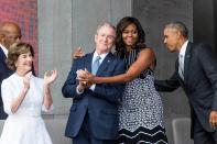 <p>Laura and George W. Bush and Michelle and Barack Obama enjoy the opening ceremony for the Smithsonian National Museum of African American History and Culture on Sept. 24, 2016, in Washington, D.C.</p>