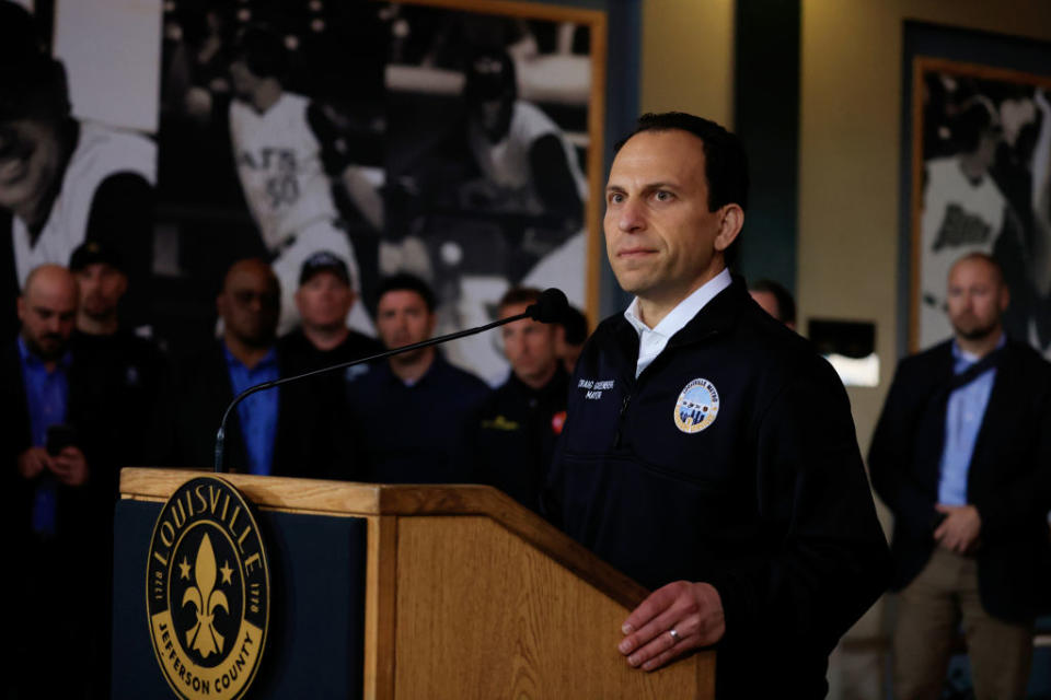 Louisville Mayor Craig Greenberg speaks during a news conference after a gunman opened fire at the Old National Bank building on April 10, 2023 in Louisville, Kentucky.<span class="copyright">Luke Sharrett—Getty Images</span>