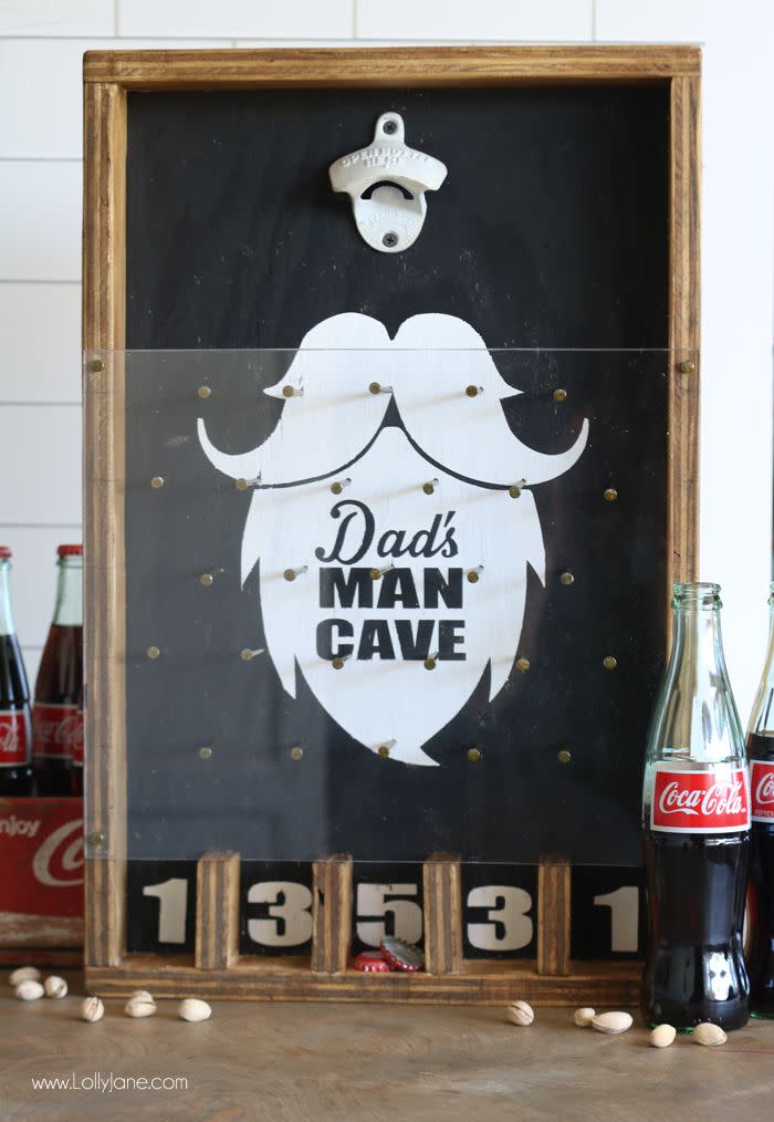 <p>This two-in-one gift is one part bottle opener and one part fun activity that your old man can proudly display in his man cave. </p><p><strong>Get the tutorial at <a href="https://lollyjane.com/diy-bottle-opener-game/" rel="nofollow noopener" target="_blank" data-ylk="slk:Lolly Jane;elm:context_link;itc:0;sec:content-canvas" class="link ">Lolly Jane</a>.</strong></p><p><strong><a class="link " href="https://www.amazon.com/Mounted-Bottle-Opener-Farmhouse-iGraver/dp/B072V6V4KD/?tag=syn-yahoo-20&ascsubtag=%5Bartid%7C10050.g.1171%5Bsrc%7Cyahoo-us" rel="nofollow noopener" target="_blank" data-ylk="slk:Shop Now;elm:context_link;itc:0;sec:content-canvas">Shop Now</a><br></strong></p>