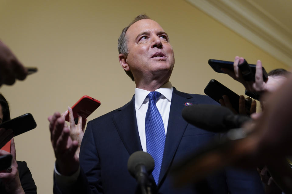 FILE - Rep. Adam Schiff, D-Calif., a member of the House select committee investigating the Jan. 6 attack on the U.S. Capitol, speaks with members of the press after a hearing at the Capitol in Washington, June 21, 2022. (AP Photo/Patrick Semansky, File)