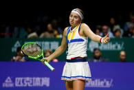 Tennis - WTA Tour Finals - Singapore Indoor Stadium, Singapore - October 22, 2017 Latvia's Jelena Ostapenko reacts during her group stage match with Spain's Garbine Muguruza REUTERS/Edgar Su