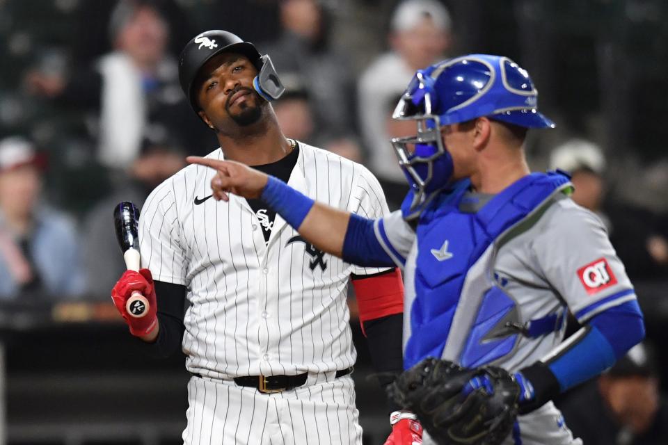 White Sox hitter Eloy Jimenez reacts after striking out against the Royals.