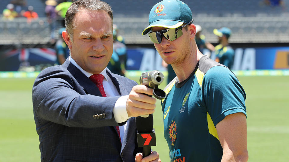 Michael Slater, pictured here in commentary duty for Channel 7 during a Test match in 2019.