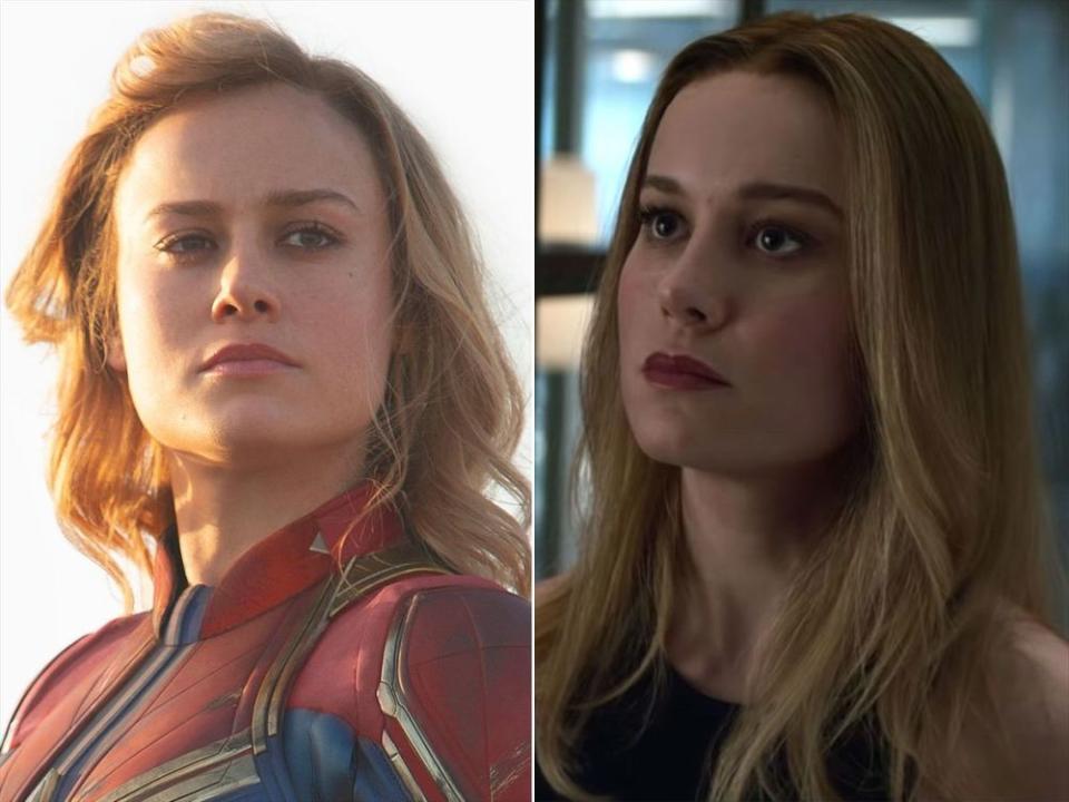 Brie Larson in Captain Marvel (left) and Avengers: Endgame (right) | Disney/Marvel/Kobal/REX/Shutterstock; Marvel