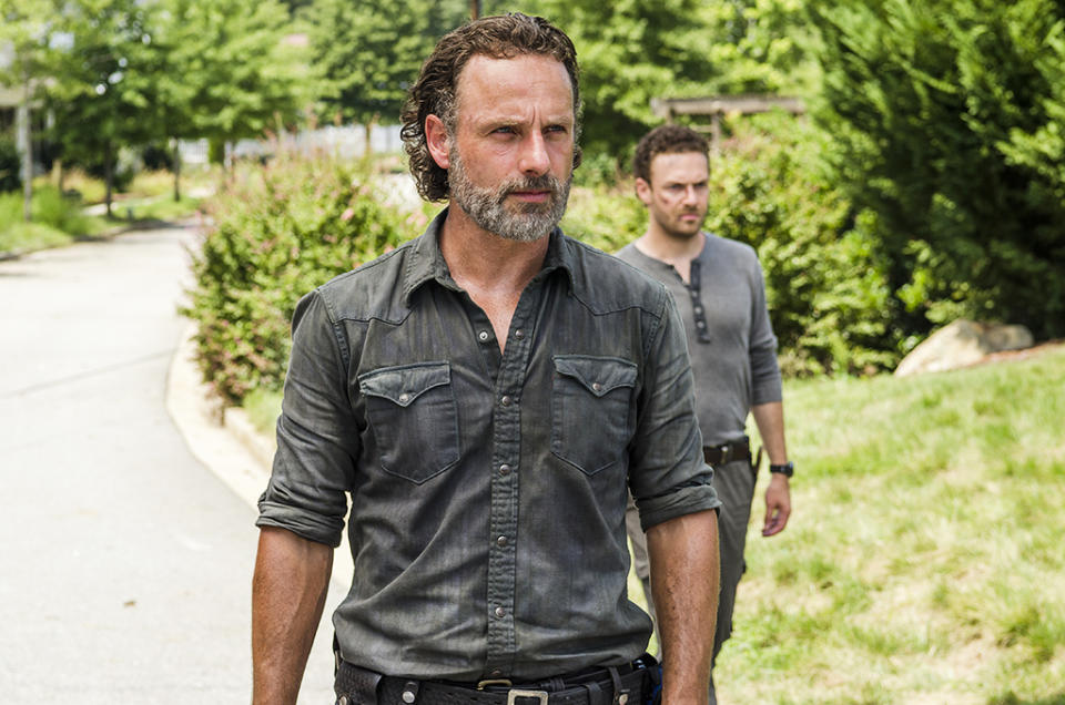 <p>Andrew Lincoln as Rick Grimes, Ross Marquand as Aaron (Credit: Gene Page/AMC) </p>