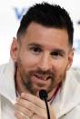 Argentina's Lionel Messi attends a press conference on the eve of the group C World Cup soccer match against Saudi Arabia, in Doha, Monday, Nov. 21, 2022. (AP Photo/Jorge Saenz)