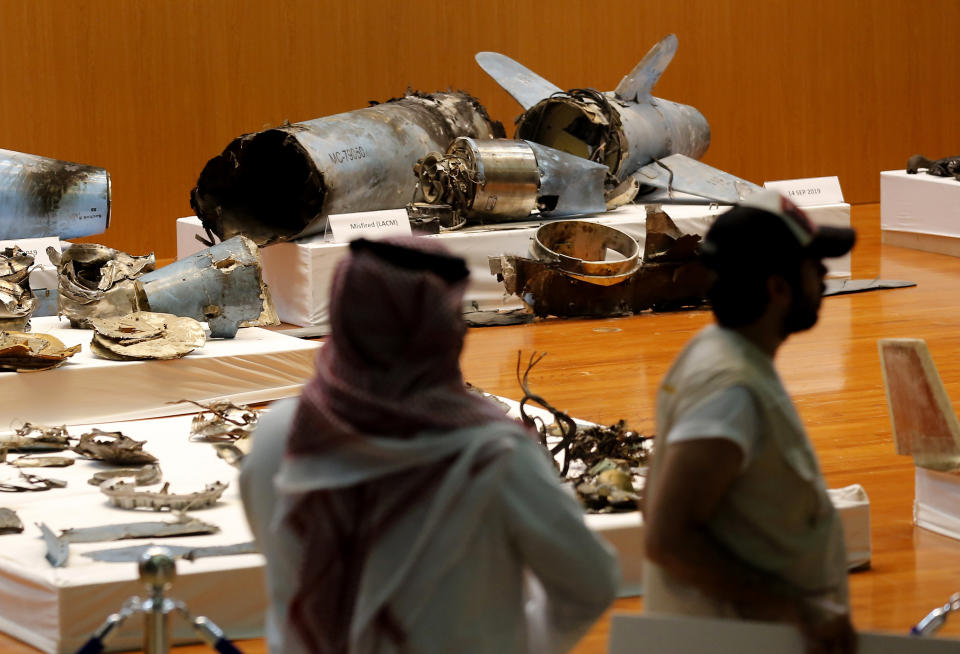 The Saudi military displays what they say are an Iranian cruise missile and drones used in recent attack on its oil industry at Saudi Aramco's facilities in Abqaiq and Khurais, during a press conference in Riyadh, Saudi Arabia, Wednesday, Sept. 18, 2019. (AP Photo/Amr Nabil)