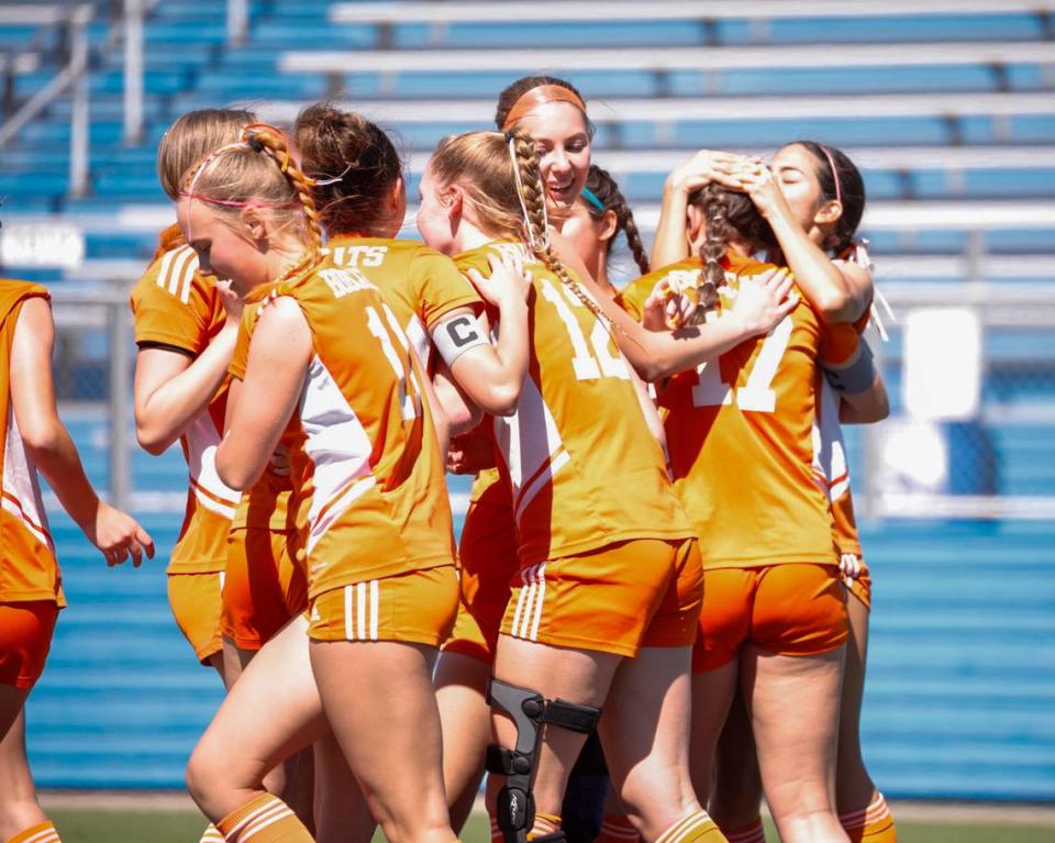 Celina celebrates in a Class 4A state championship win against Boerne in Georgetown, Texas on April 11, 2024.