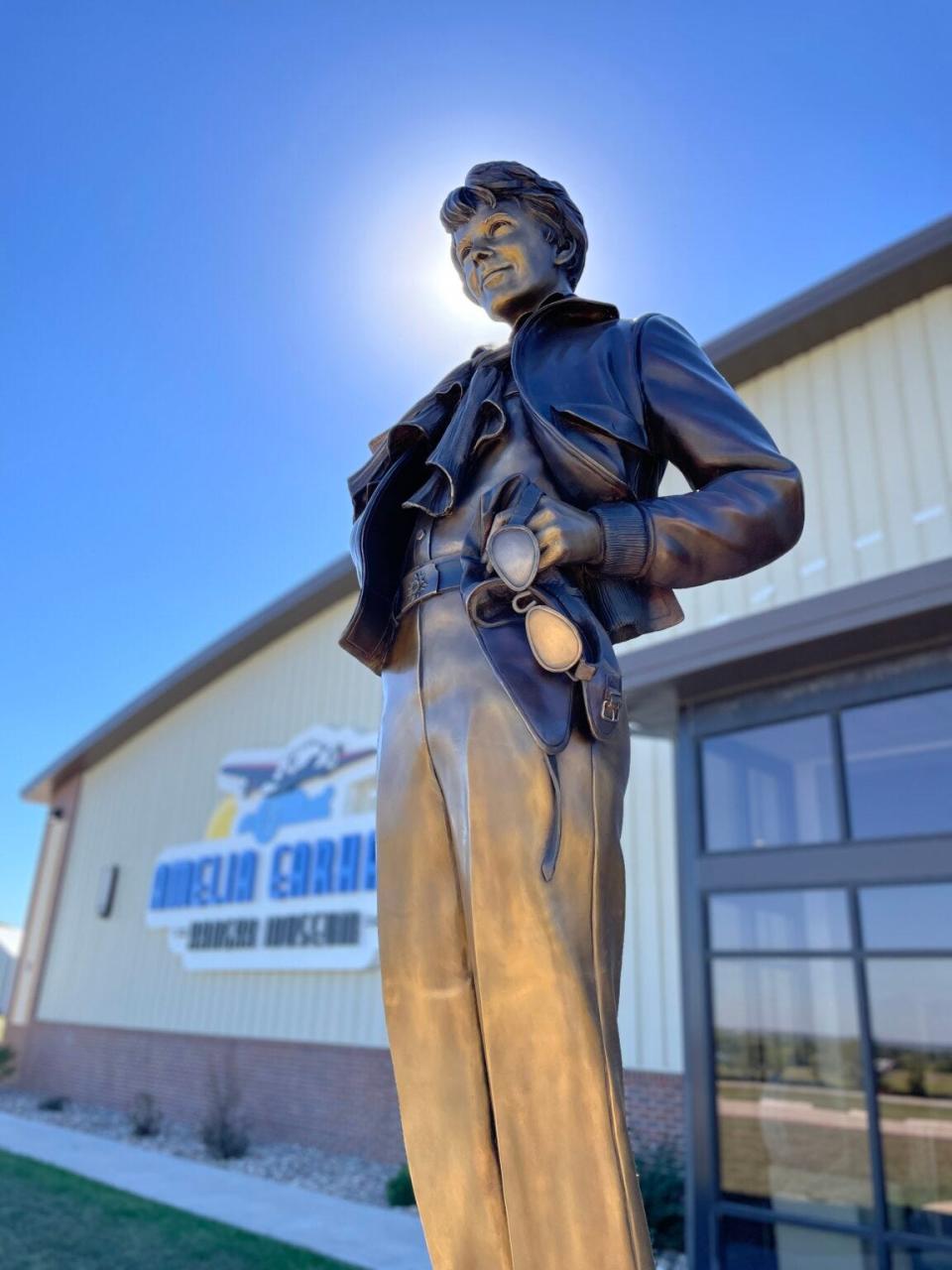 This statue of pilot Amelia Earhart is among features of Atchison's Amelia Earhart Hangar Museum, which opens Friday.