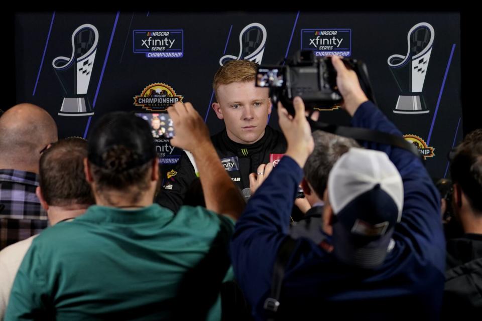 NASCAR driver Ty Gibbs addresses the media.