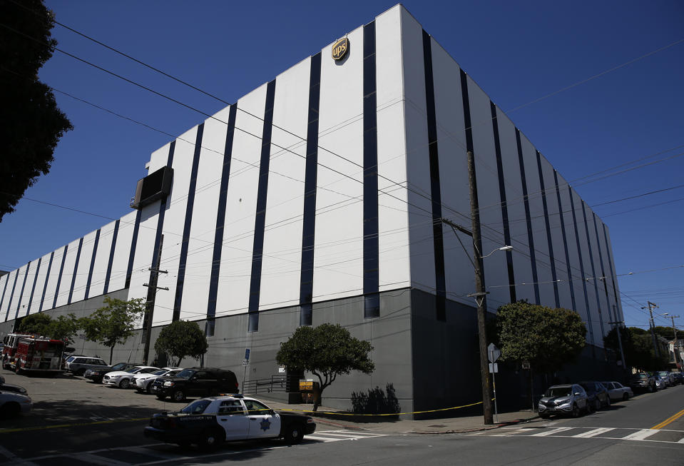 <p>A police patrol car blocks a street outside a United Parcel Service (UPS) facility after a shooting incident was reported in San Francisco, California, June 14, 2017. (Stephen Lam/Reuters) </p>