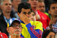 <p>Colombia fans look on during the 2018 FIFA World Cup Russia Round of 16 match between Colombia and England at Spartak Stadium on July 3, 2018 in Moscow, Russia. (Photo by Robbie Jay Barratt – AMA/Getty Images) </p>