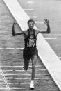 Abebe Bikila won the gold medals in marathon at the 1960 and 1964 Olympic Games. Bikila ran the marathon barefoot at the 1960 Games and was the first Sub-Saharan African to win an Olympic gold medal. After the race, when Bikila was asked why he had run barefoot, he replied, “I wanted the world to know that my country, Ethiopia, has always won with determination and heroism." When he won gold medal at the 1964 Games, Bikila became the first athlete to win the Olympic marathon twice. (IMAGE SOURCE: Wiki Commons)