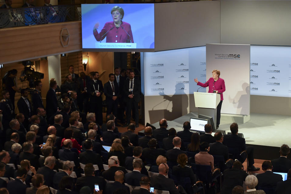 German Chancellor Angela Merkel delivers her speech during the Munich Security Conference in Munich, Germany, Saturday, Feb. 16, 2019. (AP Photo/Kerstin Joensson)