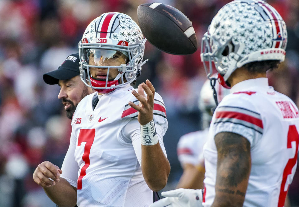 Ohio State Buckeyes quarterback C.J. Stroud (7) faces a huge matchup against Michigan next week. (Photo by Tony Quinn/Icon Sportswire via Getty Images)