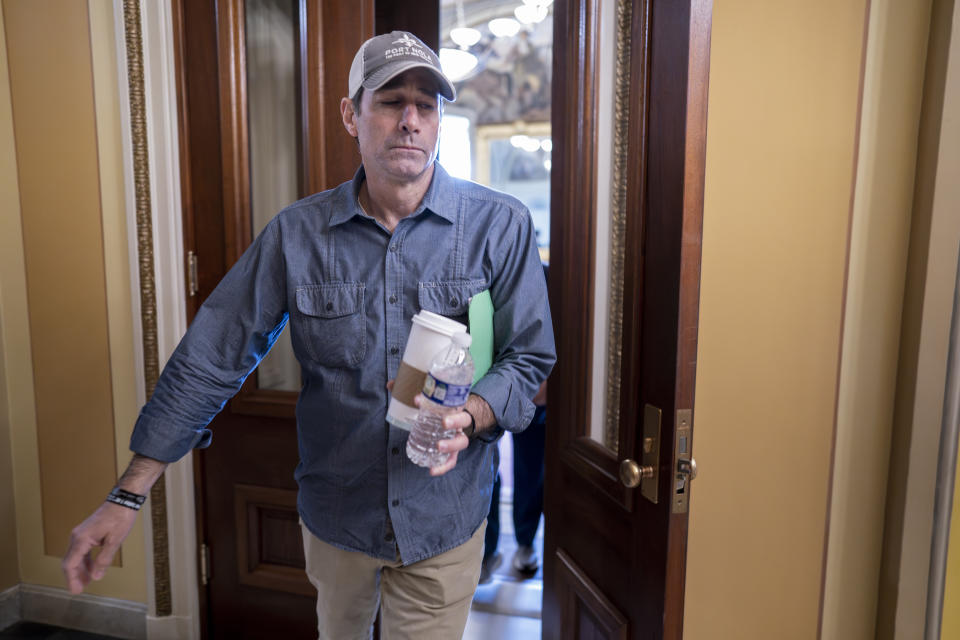 Rep. Garret Graves, R-La., top mediator in the debt limit talks for House Speaker Kevin McCarthy, R-Calif., leaves a meeting room after negotiations came to an abrupt halt, at the Capitol in Washington, Friday, May 19, 2023. Graves told reporters it's time to "press pause" and it's "just not productive" to continue at this point. (AP Photo/J. Scott Applewhite)