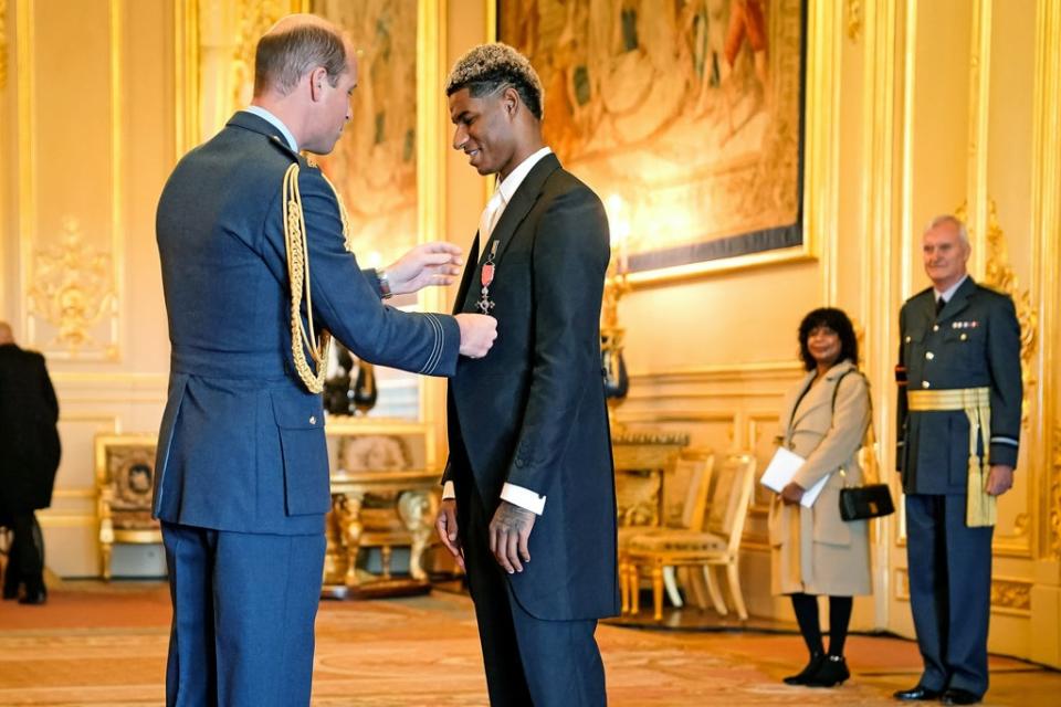 Footballer Marcus Rashford is made an MBE (Member of the Order of the British Empire) by the Duke of Cambridge during an investiture ceremony at Windsor Castle (PA)