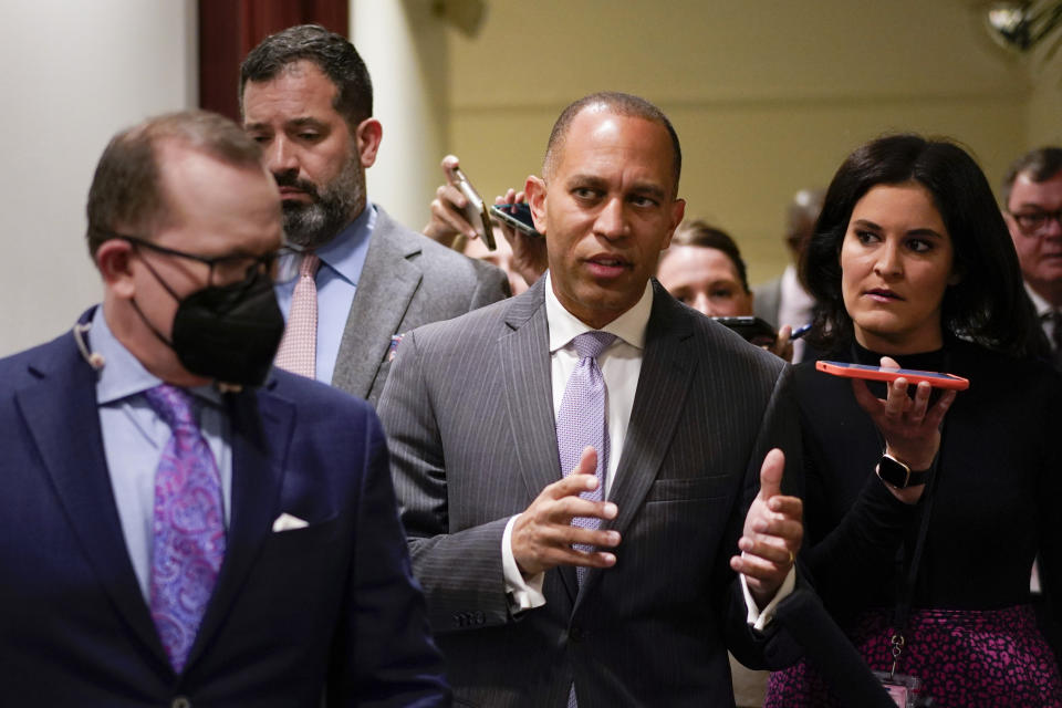 FILE - Rep. Hakeem Jeffries, D-N.Y., talks with reporters on Capitol Hill in Washington Thursday, Nov. 17, 2022. The day after Speaker Nancy Pelosi announced she would step aside, Jeffries announced his own history-making bid Friday to become the first Black American to helm a major U.S. political party in Congress as leader of the House Democrats. (AP Photo/Carolyn Kaster, File)