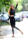 <p>Danish model Nina Agdal gives a peace sign after teaching a Yoga Class in the Hamptons.</p>