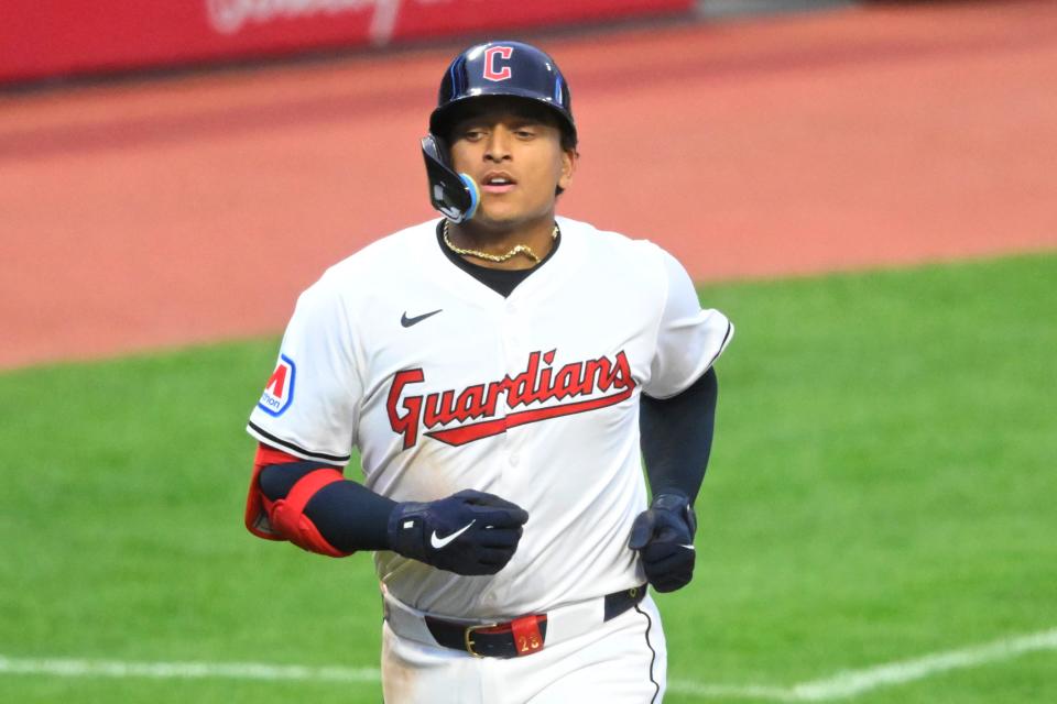 Guardians catcher Bo Naylor runs the bases after his two-run home run Wednesday against the Chicago White Sox in Cleveland.