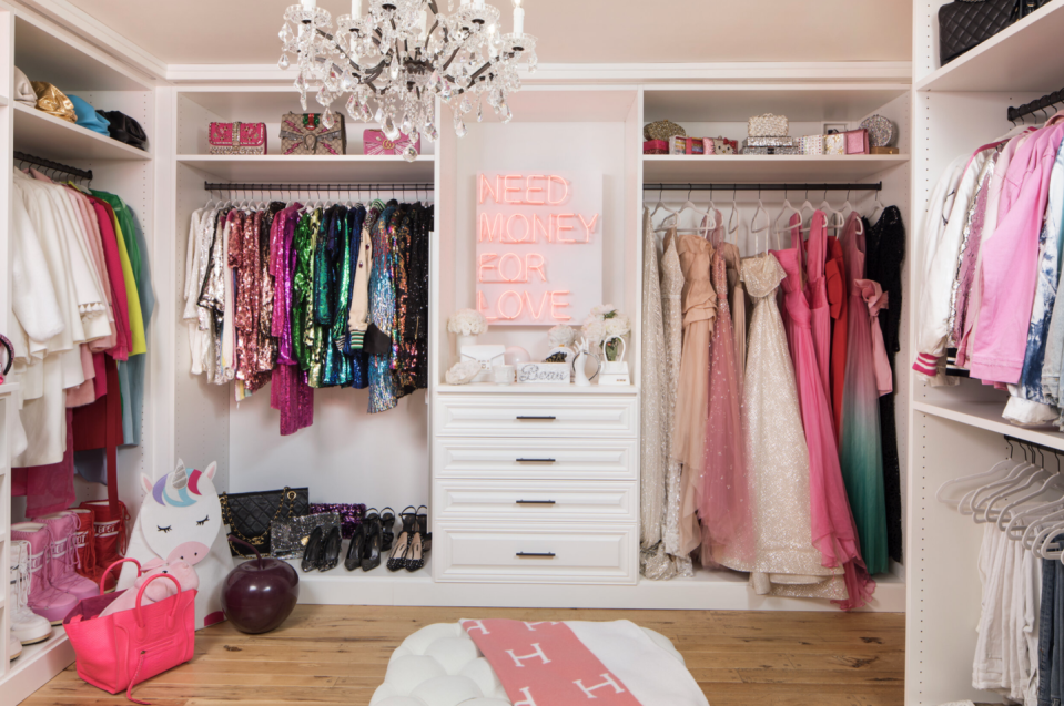 walkin closet ideas with color coordinated shelves