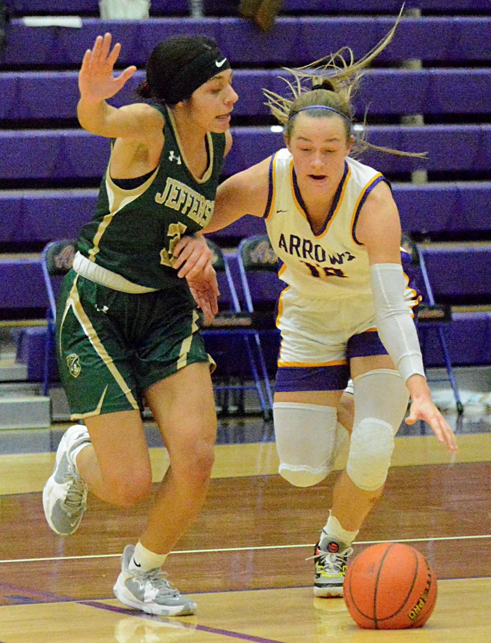 Watertown's Jaida Young (right) is pressured by Sioux Falls Jefferson's Cierra Watkins during their high school girls basketball game on Tuesday, Feb. 7, 2023 in the Watertown Civic Arena. No. 1 Jefferson won 49-40 in overtime.