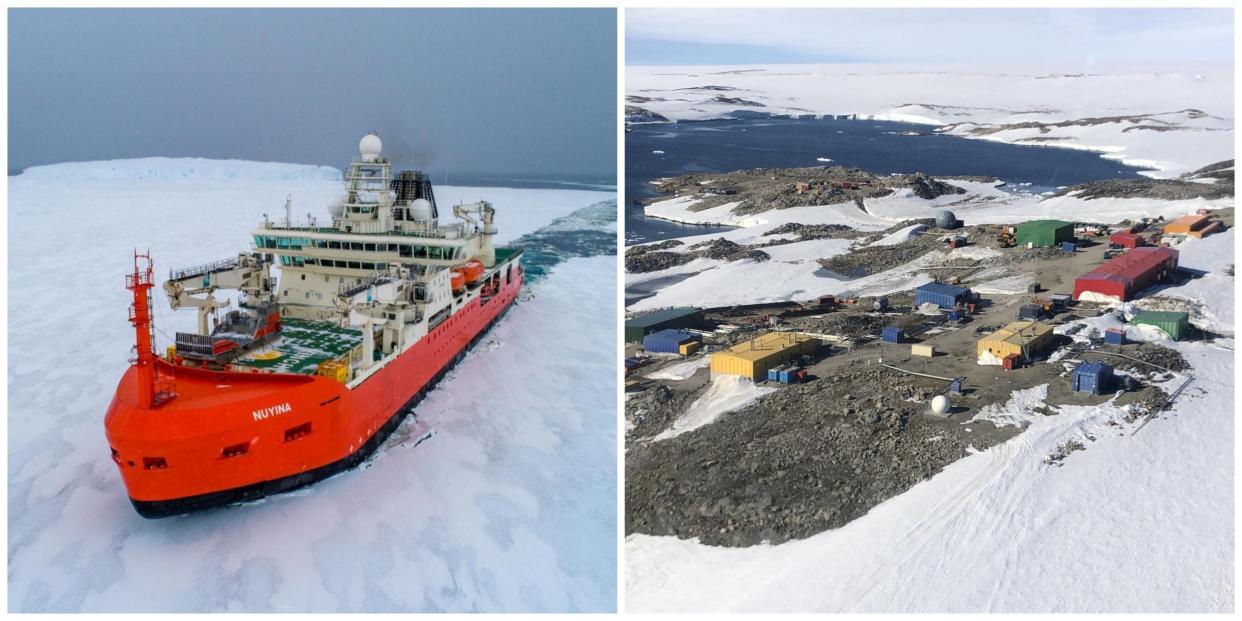 A side-by-side composite of the RSV Nuyina and the Casey research center. 