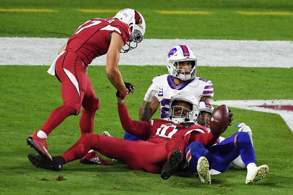 GLENDALE, ARIZONA - NOVEMBER 15: Wide receiver DeAndre Hopkins #10 of the Arizona Cardinals celebrates with wide receiver Andy Isabella #17 after Hopkins caught the game-winning touchdown pass during the second half against the Buffalo Bills at State Farm Stadium on November 15, 2020 in Glendale, Arizona. (Photo by Norm Hall/Getty Images)