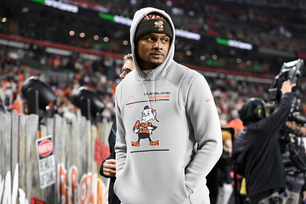 CLEVELAND, OHIO - DECEMBER 28: Deshaun Watson #4 looks on prior to playing the New York Jets at Cleveland Browns Stadium on December 28, 2023 in Cleveland, Ohio. (Photo by Nick Cammett/Getty Images)