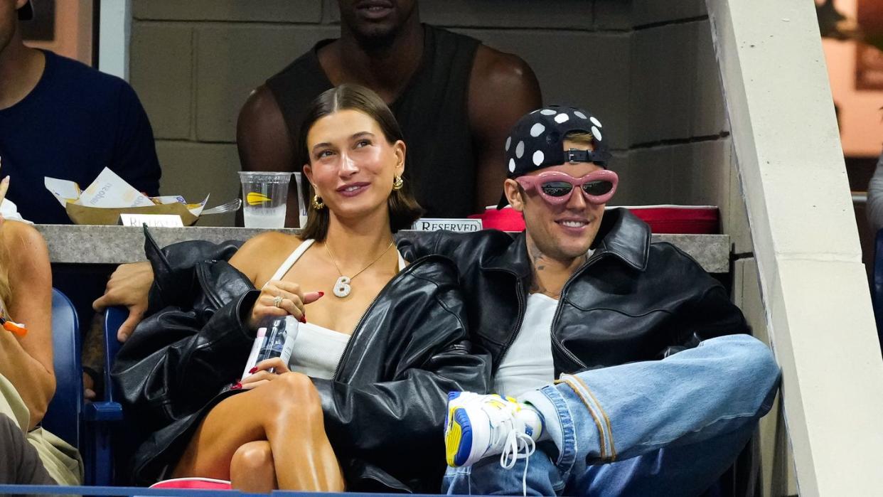 new york, new york september 01 hailey bieber and justin bieber are seen at the 2023 us open tennis championships on september 1, 2023 in new york city photo by gothamgc images